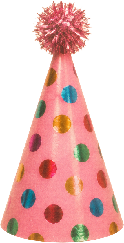 Floating pink polka-dot party hat with a pom-pom and a warm vintage film treatment